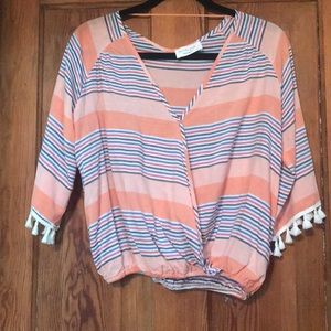 Stripe blouse with fringe sleeve details